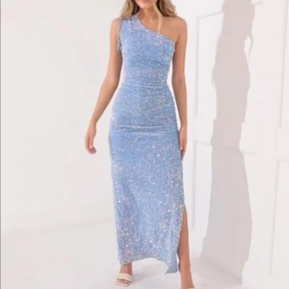 Lucy in the Sky Sequin Light Blue One Shoulder Dance Prom Maxi Dress - Small - Picture 2 of 7